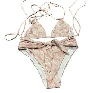 Axil swim Leaf Pattern Bikini in Soft Pink and Cream size small triangle tie top